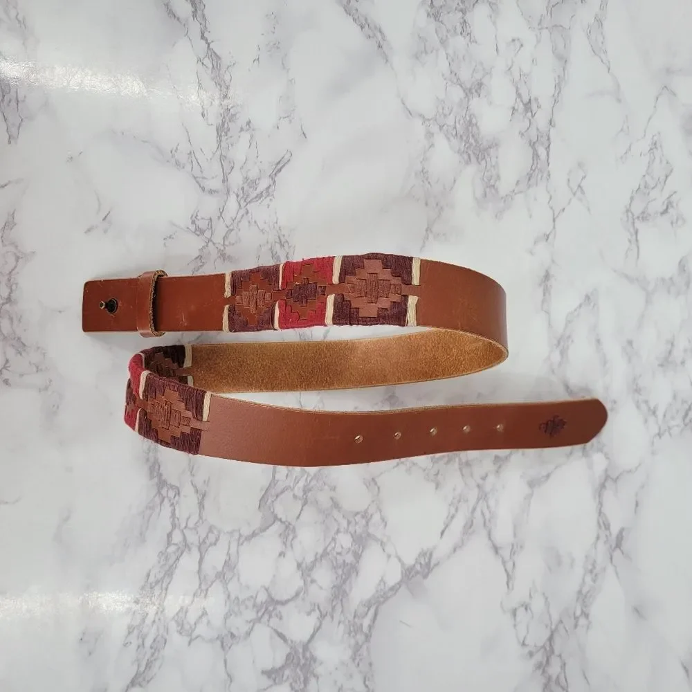 Loft Belt Leather Western Aztec Embroidered Brown and Red Patterned